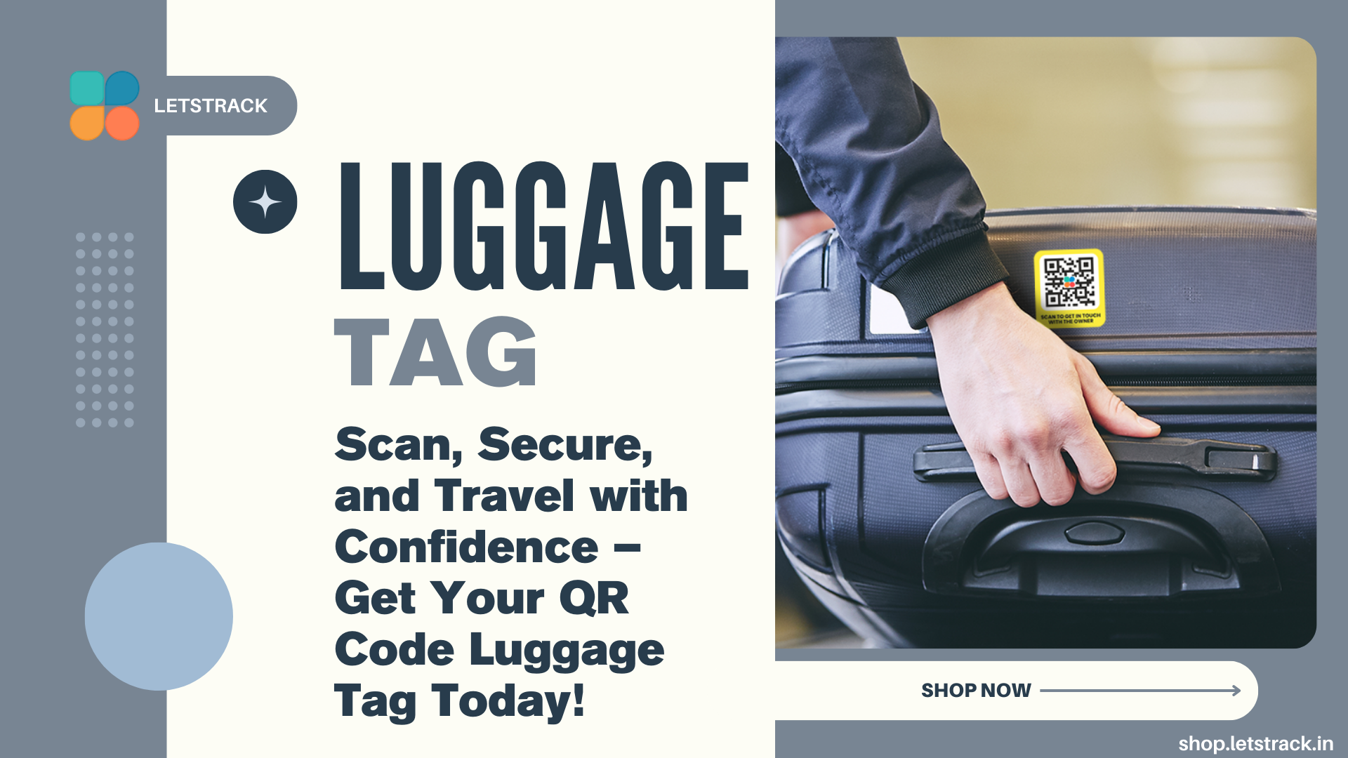 luggage tag attached to a suitcase, offering a secure and convenient way to track your bag with just a scan.