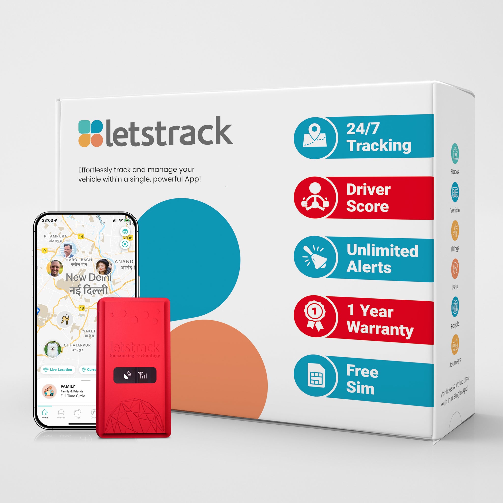 Letstrack Wired GPS Tracker for Cars and Bikes, featuring 24/7 live tracking, theft prevention alarms, engine status alerts, and unlimited geofence notifications.